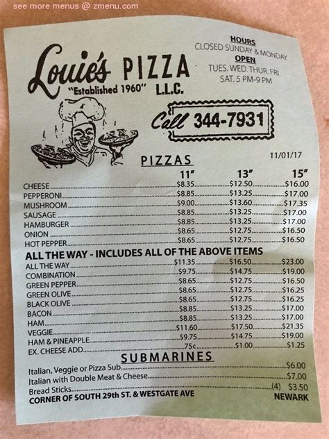 Menu at Louie's Pizza pizzeria, Newark