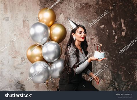 Happy Birthday Sexy Brunette Posing Balloons Stock Photo 2199230191 Shutterstock