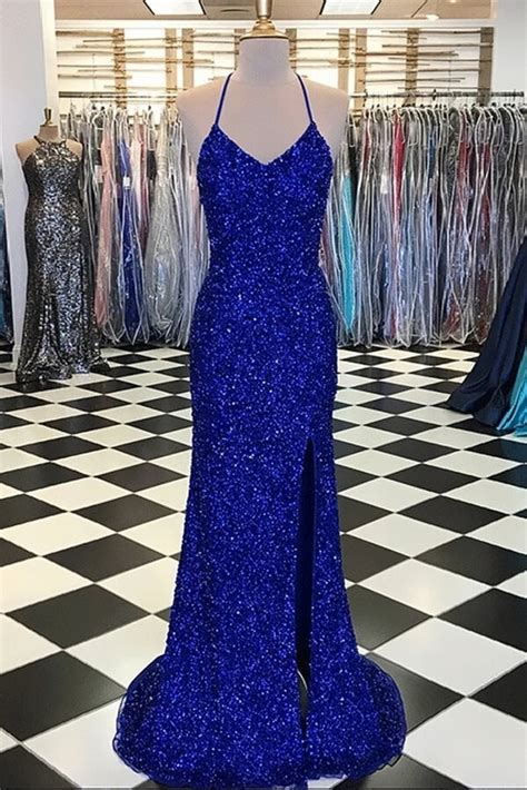 Royal Blue Spaghetti Straps Backless Long Sheath Prom Dress Y0329