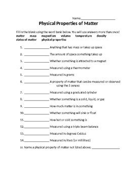 Physical Properties Of Matter Worksheet By Mrs R 4th TPT Worksheets