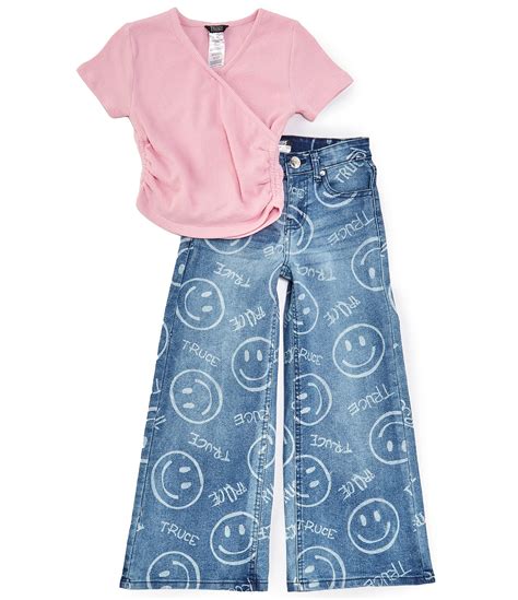 Truce Big Girls 7 16 Short Sleeve Wrap Knit Top And Smiley Jeans 2 Piece