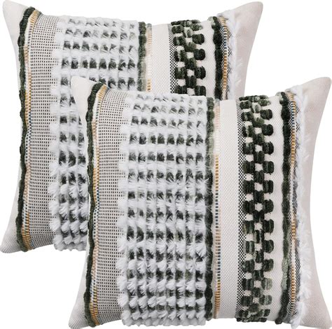 Tosleo Boho Throw Pillow Covers 18x18 Inch Set Of 2 Dark Green Striped Chenille