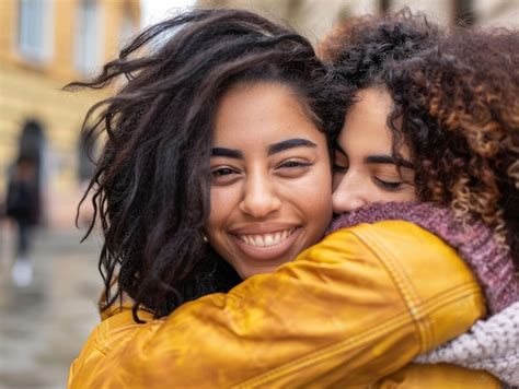 Two Women Hugging Each Other One Has A Scarf Around Her Neck Premium