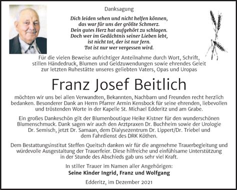 Traueranzeigen Von Franz Josef Beitlich Abschied Nehmende