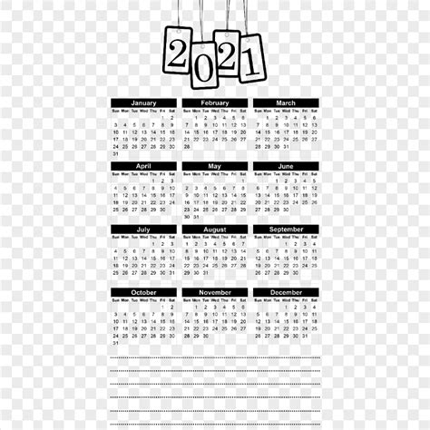 Hd 2021 Beautiful Black Calendar With Notes Section Clipart Png Citypng