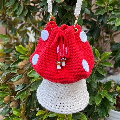 Crochet Mushroom Bag Mini Drawstring Purse With Detachable Etsy