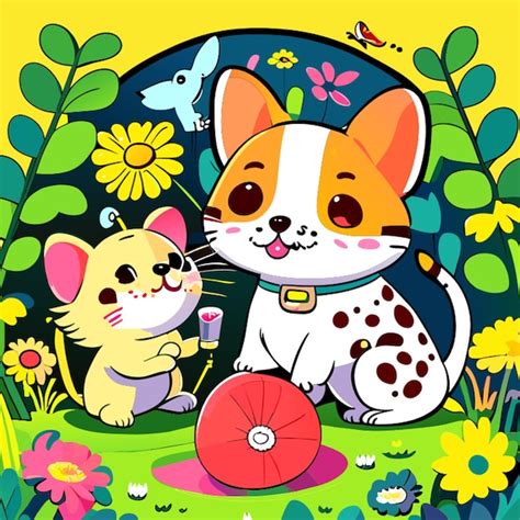 Premium Vector Cat Dog And Mouse Play Game In Garden