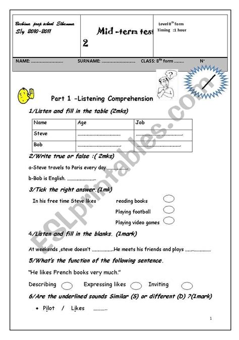 Mid Term Test N Th Form Esl Worksheet By Naddo