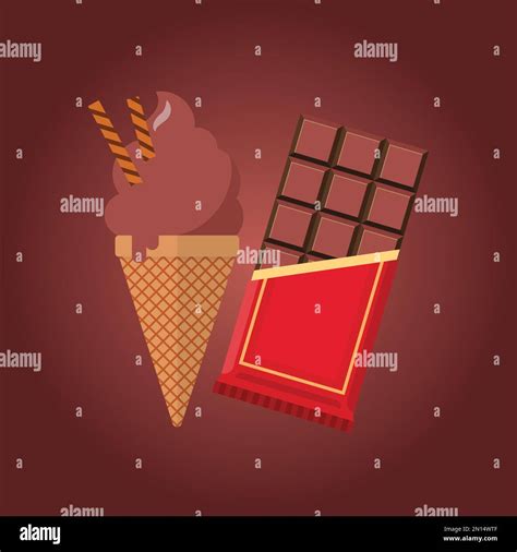 Chocolate Ice Cream In The Cone With Chocolate Bar Vector Illustration