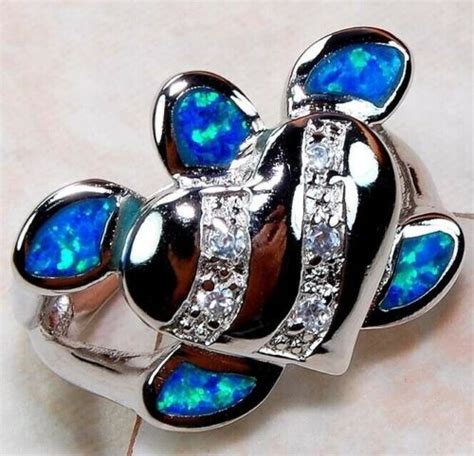 Turtle Australian Opal Inlay Topaz Solid Sterling Silver Ring Sz