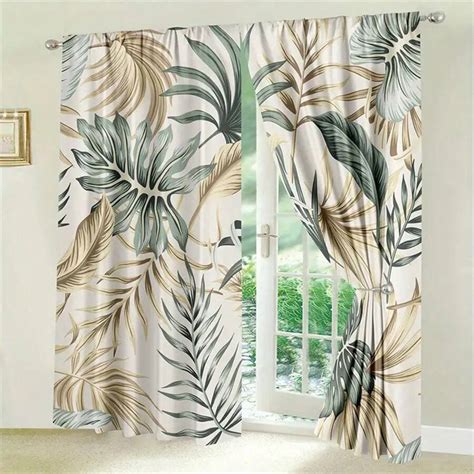 2pcs Palm Leaf Curtains Coconut Greenery Watercolor Print Fresh