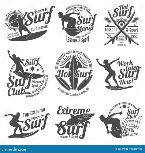 Summer Surfing Sports Vector Logos Collection With Surfer Surf Board