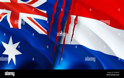 Australia And Netherlands Flags With Scar Concept Waving Flag 3d