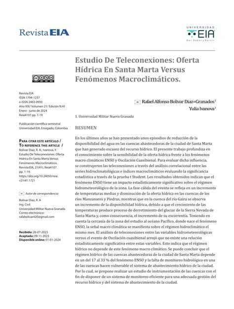 PDF Estudio De Teleconexiones Oferta Hídrica En Santa Marta Versus