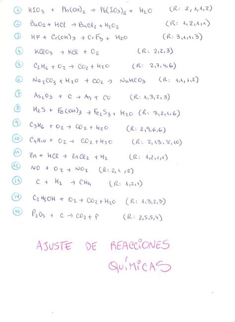 Ejercicios Propuestos De Ajuste De Reacciones Químicas Con Resultados Finales Nivel 4eso