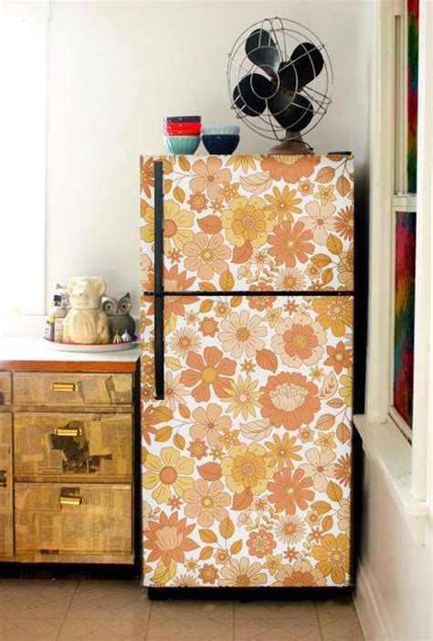 Retro Fridge Wrap Floral Boho Refrigerator Wrap Vinyl Side By Side