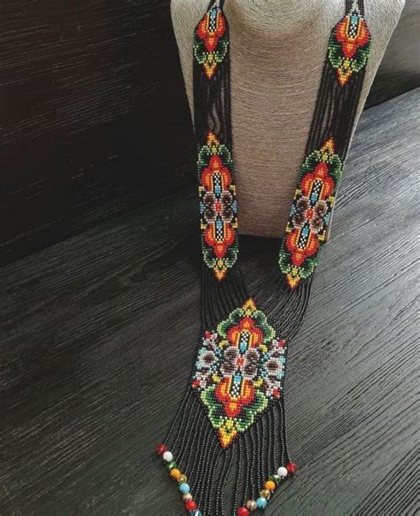 Long Huichol Art Colorful Geometric Beadwork Tassel Necklace Boho