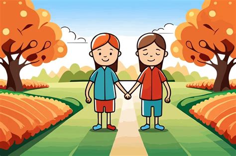 Premium Vector A Cartoon Of Two Children Holding Hands In A Park