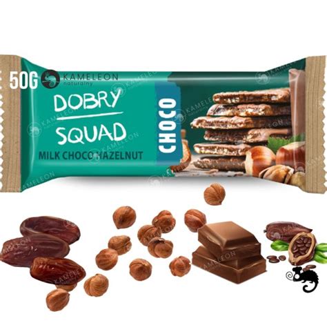 BATON 50g DOBRY SQUAD MILK CHOCO HAZELNUT Daktyle Orzechy Laskowe