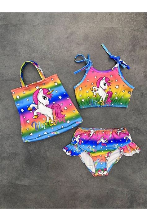 miniko Kız Çocuk Bikini Parça UNİCORN Desenli Dalgıç Kumaş Çantalı Fırfırlı Askılı Hızlı