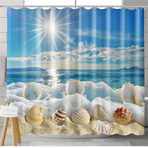 Ultra Realistic Beach Shower Curtain With Seashells And Sunlight Print