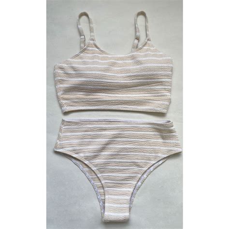 Women Swimsuit Pink Stripe Tank High Waist Two Piece Bikini Swimwear