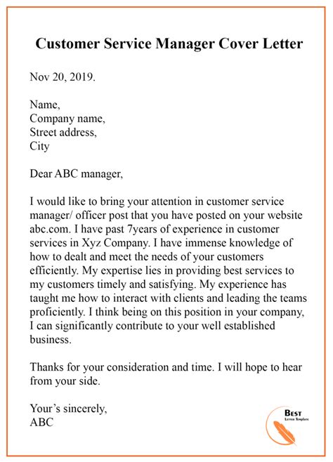 Sample Cover Letter Template For Customer Service Pdf And Doc Best