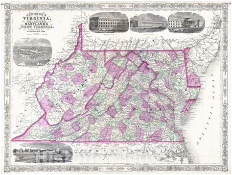 Historic Map Johnsons Map Of Virginia Delaware Maryland And West Virginia 1864 Vintage