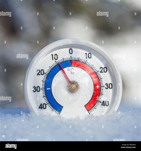 Thermometer With Celsius Scale Placed In A Fresh Snow Showing Sub Zero Temperature Minus 9