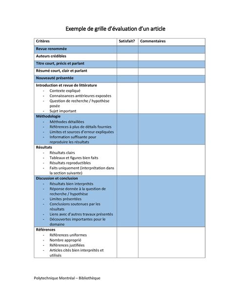 Grille Criteres Evaluation Article Exemple de grille dévaluation d