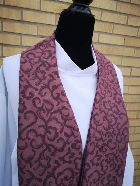 Pretty Embossed Purple Clergy Stole With Vintage Crocheted Lace For