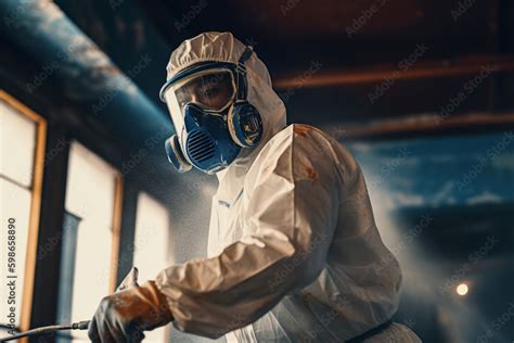 A professional house painter with a respirator mask painting the ...