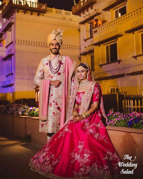 Unique Bride And Groom Outfit Combination Colour Coordinated