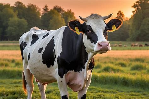 Premium Photo | Cows in field one cow looking at the camera during sunset in the evening