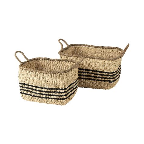 Emma Light Brown Seagrass Rectangular Basket With Black Stripes 2 Piece Set Beach Style