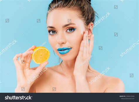 Naked Beautiful Woman Blue Lips Holding Stock Photo 1564616569 Shutterstock