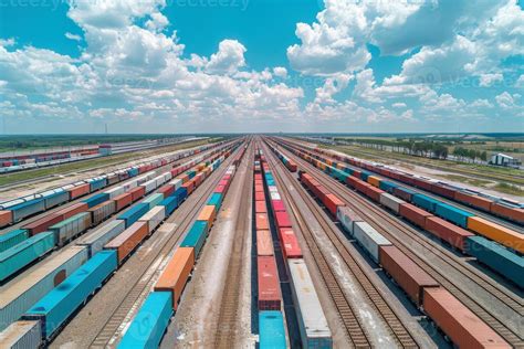 Aerial View Of Cargo Trains Loaded With Shipping Containers At A Rail