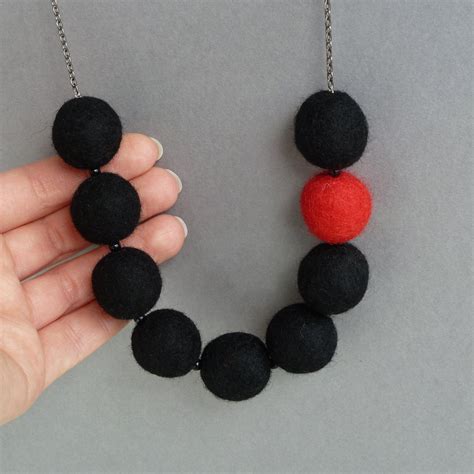 Chunky Black And Red Felt Necklace Felted Bead Contrast Etsy