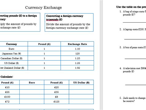 Currency Exchange Worksheet Maths Conversion Twinkl Worksheets