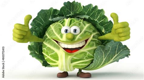 Happy Cabbage Character Gives Thumbs Up Using Both Hands Funny Cartoon Cabbage Character