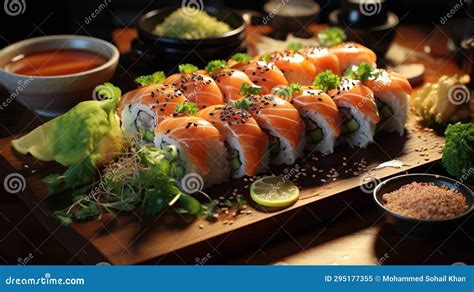 Various Kinds Of Sushi Served On Table In Restaurant Blurred Background