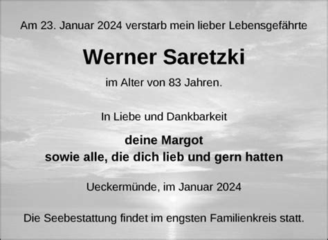 Traueranzeigen Von Werner Saretzki Trauer Nordkurier