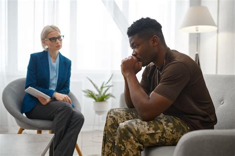 Premium Photo Frustrated Military Patient Talk To Doctor Psychologist