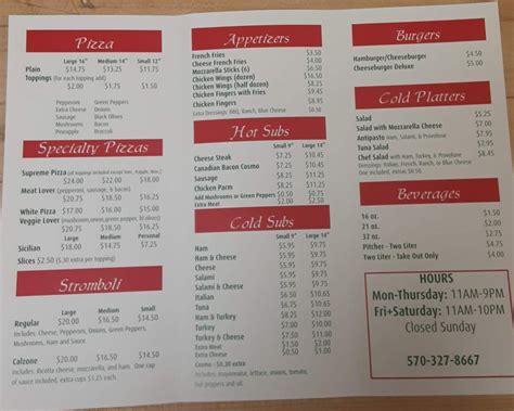 Menu at Venice Pizza pizzeria, Williamsport