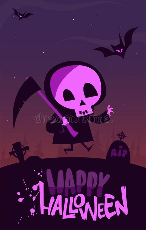 Grim Reaper Cartoon Character With Scythe Halloween Funny Death Skeleton Illustration Stock