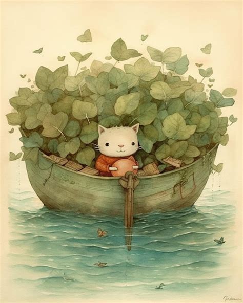 Premium AI Image | A painting of a cat in a boat with green leaves on it.