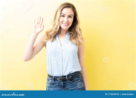 Smiling Adult Woman Is Waving Hand Stock Photo Image Of Caucasian