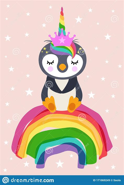 Greeting Card With Cute Unicorn Penguin Sitting On Rainbow Stock Vector