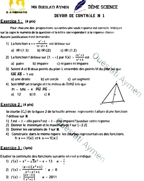 3 ème Sc expérimentales Math Trois devoirs de Contrôle N 1 3ème