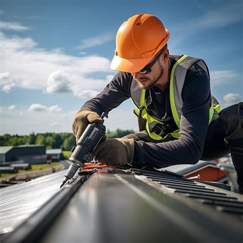 Roofing Worker With Pneumatic Nail Gun Premium Ai Generated Image